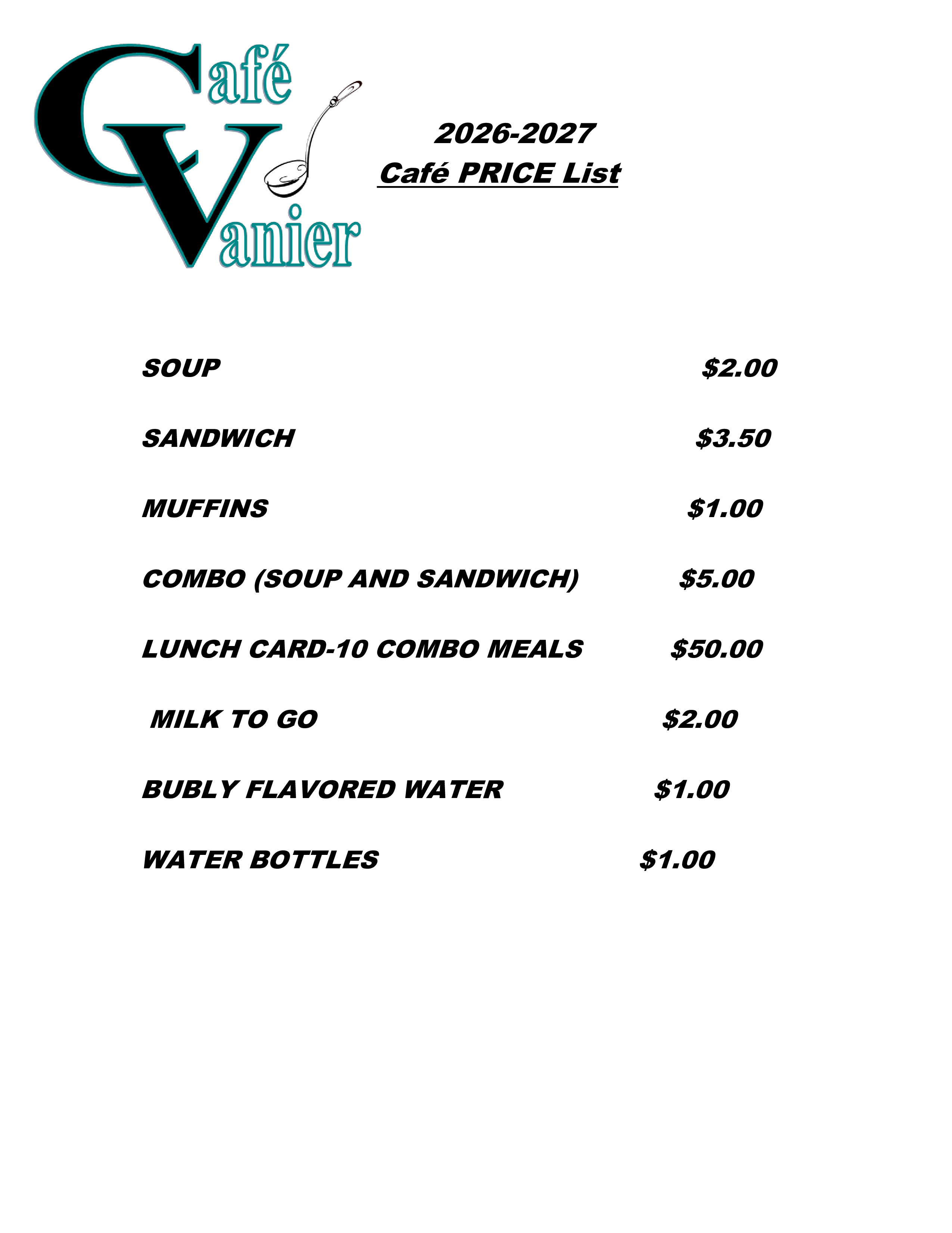 PRICE LIST for Café Vanier (2)